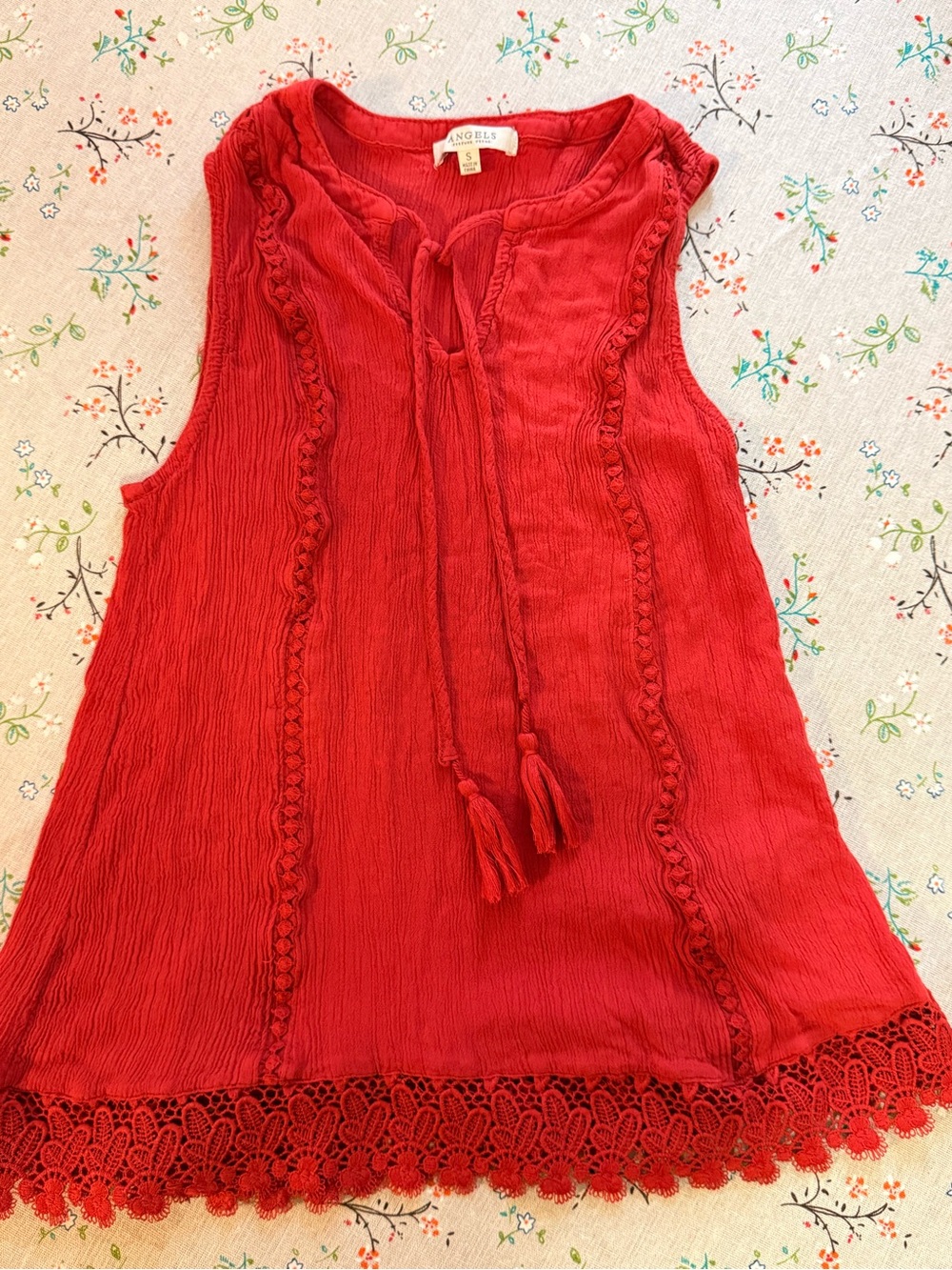 Angels Red Tassel Tie-Neck Sleeveless Lace-Trim Camisole